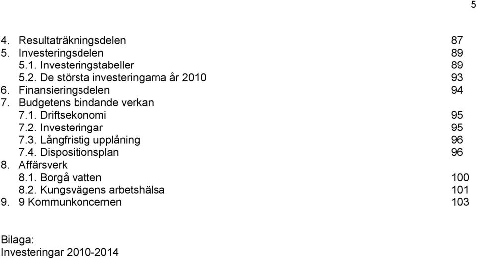 2. Investeringar 95 7.3. Långfristig upplåning 96 7.4. Dispositionsplan 96 8. Affärsverk 8.1.