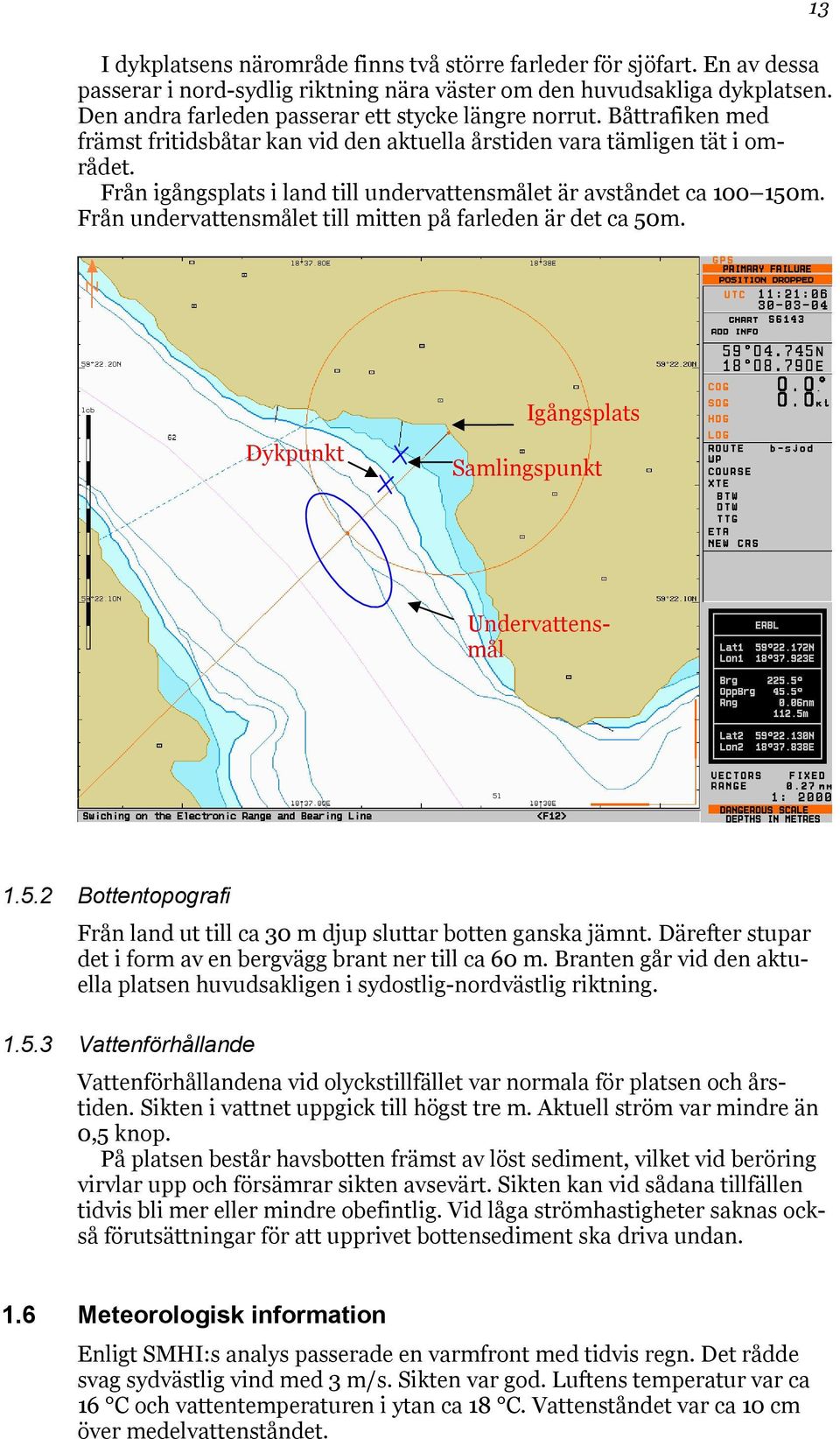 Från igångsplats i land till undervattensmålet är avståndet ca 100 150m. Från undervattensmålet till mitten på farleden är det ca 50m. 13 Dykpunkt Igångsplats Samlingspunkt Undervattensmål 1.5.2 Bottentopografi Från land ut till ca 30 m djup sluttar botten ganska jämnt.