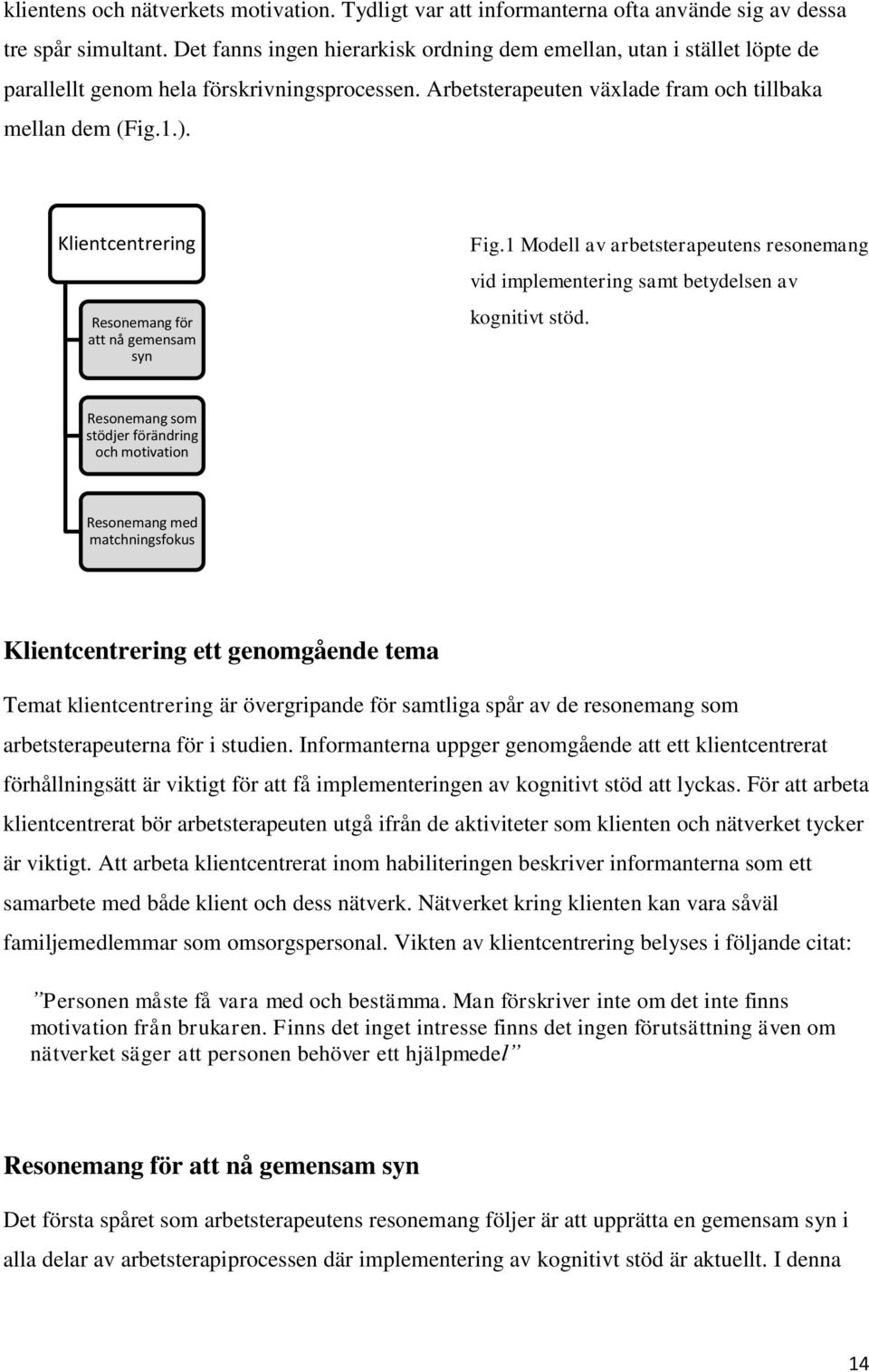 Klientcentrering Resonemang för att nå gemensam syn Fig.1 Modell av arbetsterapeutens resonemang vid implementering samt betydelsen av kognitivt stöd.