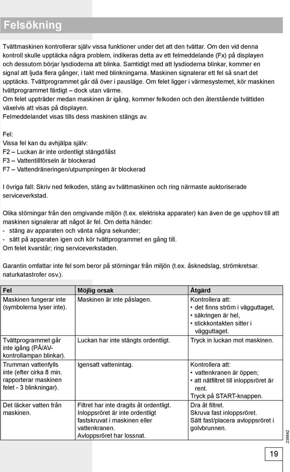 Samtidigt med att lysdioderna blinkar, kommer en signal att ljuda flera gånger, i takt med blinkningarna. Maskinen signalerar ett fel så snart det upptäcks. Tvättprogrammet går då över i pausläge.