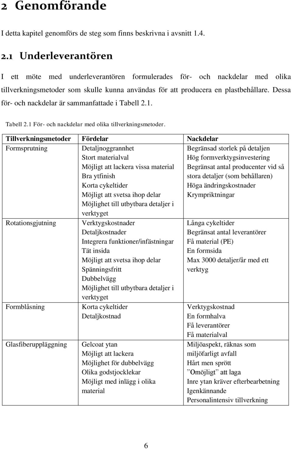 Dessa för- och nackdelar är sammanfattade i Tabell 2.1. Tabell 2.1 För- och nackdelar med olika tillverkningsmetoder.