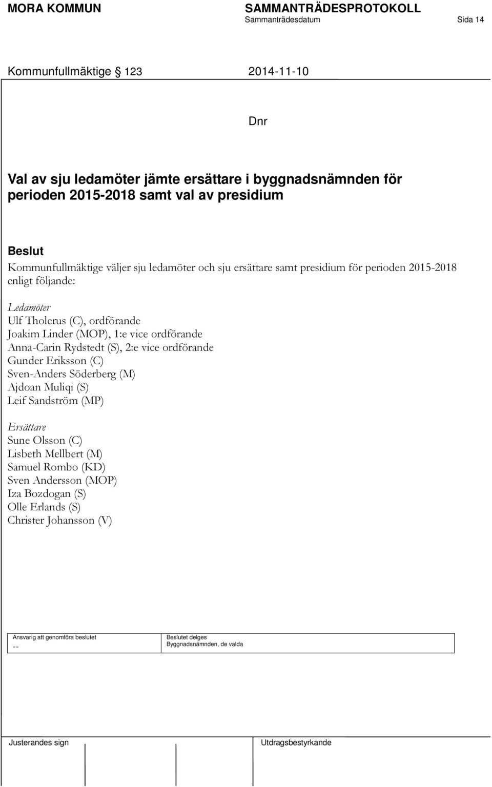 Linder (MOP), 1:e vice ordförande Anna-Carin Rydstedt (S), 2:e vice ordförande Gunder Eriksson (C) Sven-Anders Söderberg (M) Ajdoan Muliqi (S) Leif Sandström (MP)