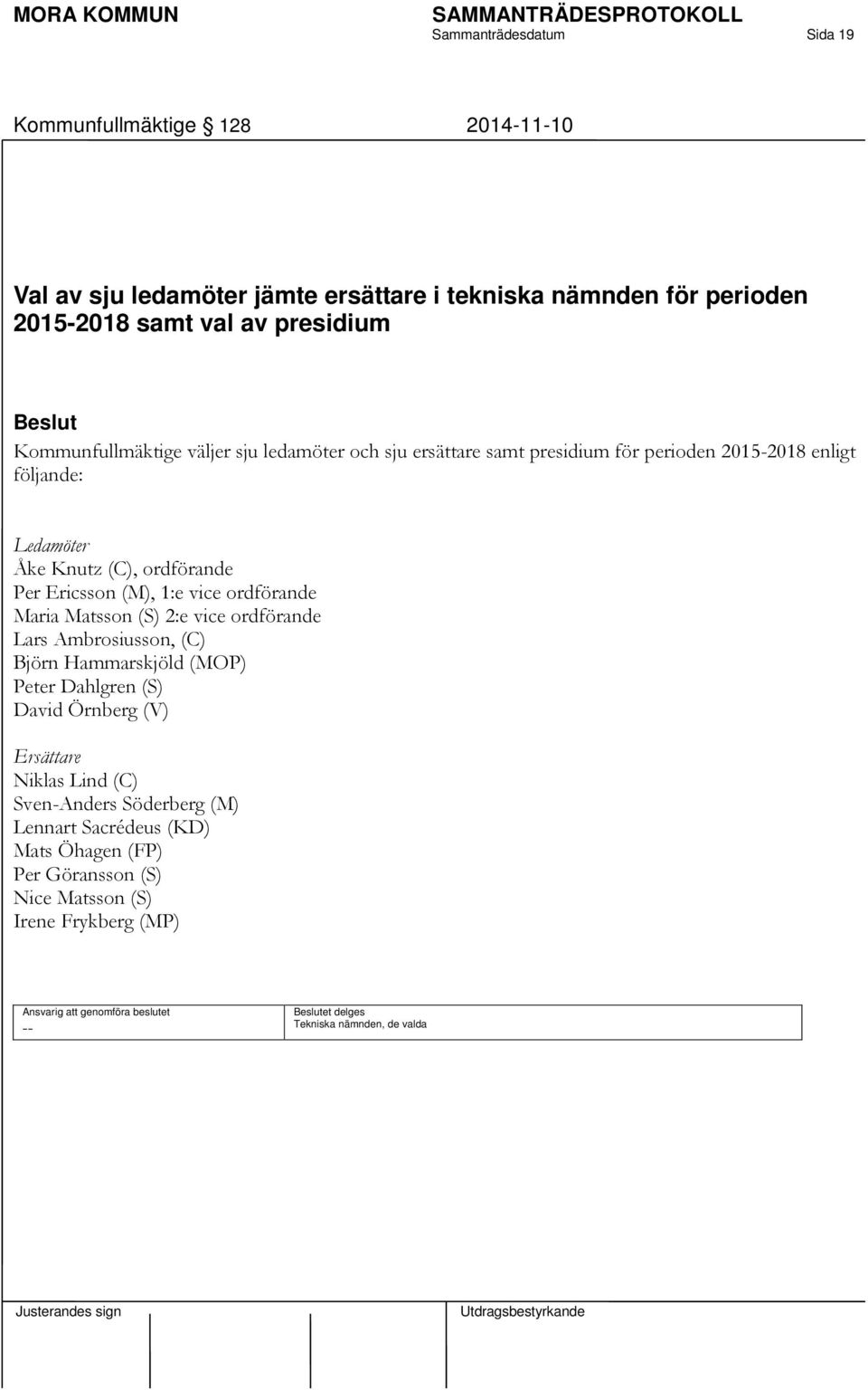 (M), 1:e vice ordförande Maria Matsson (S) 2:e vice ordförande Lars Ambrosiusson, (C) Björn Hammarskjöld (MOP) Peter Dahlgren (S) David Örnberg (V) Ersättare