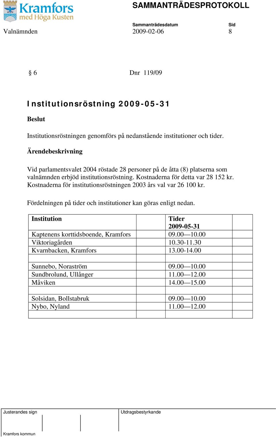 Kostnaderna för institutionsröstningen 2003 års val var 26 100 kr. Fördelningen på tider och institutioner kan göras enligt nedan.