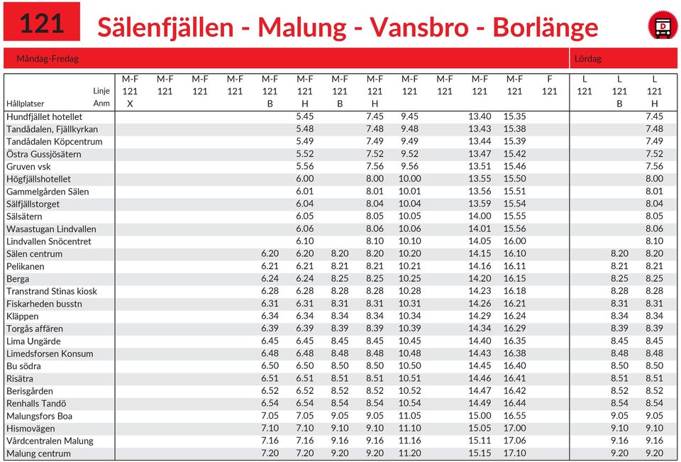 Bu södra Risätra Berisgården Renhalls Tandö Malungsfors Boa Hismovägen M-F M-F M-F M-F M-F M-F M-F M-F M-F M-F M-F M-F F L L L Linje 121 121 121 121 121 121 121 121 121 121 121 121 121 121 121 121