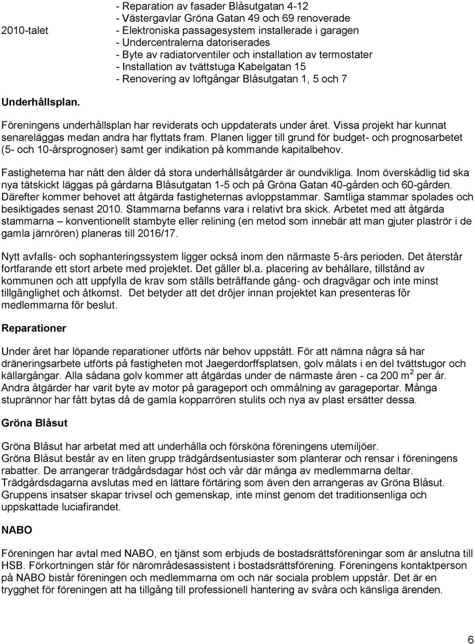 Föreningens underhållsplan har reviderats och uppdaterats under året. Vissa projekt har kunnat senareläggas medan andra har flyttats fram.