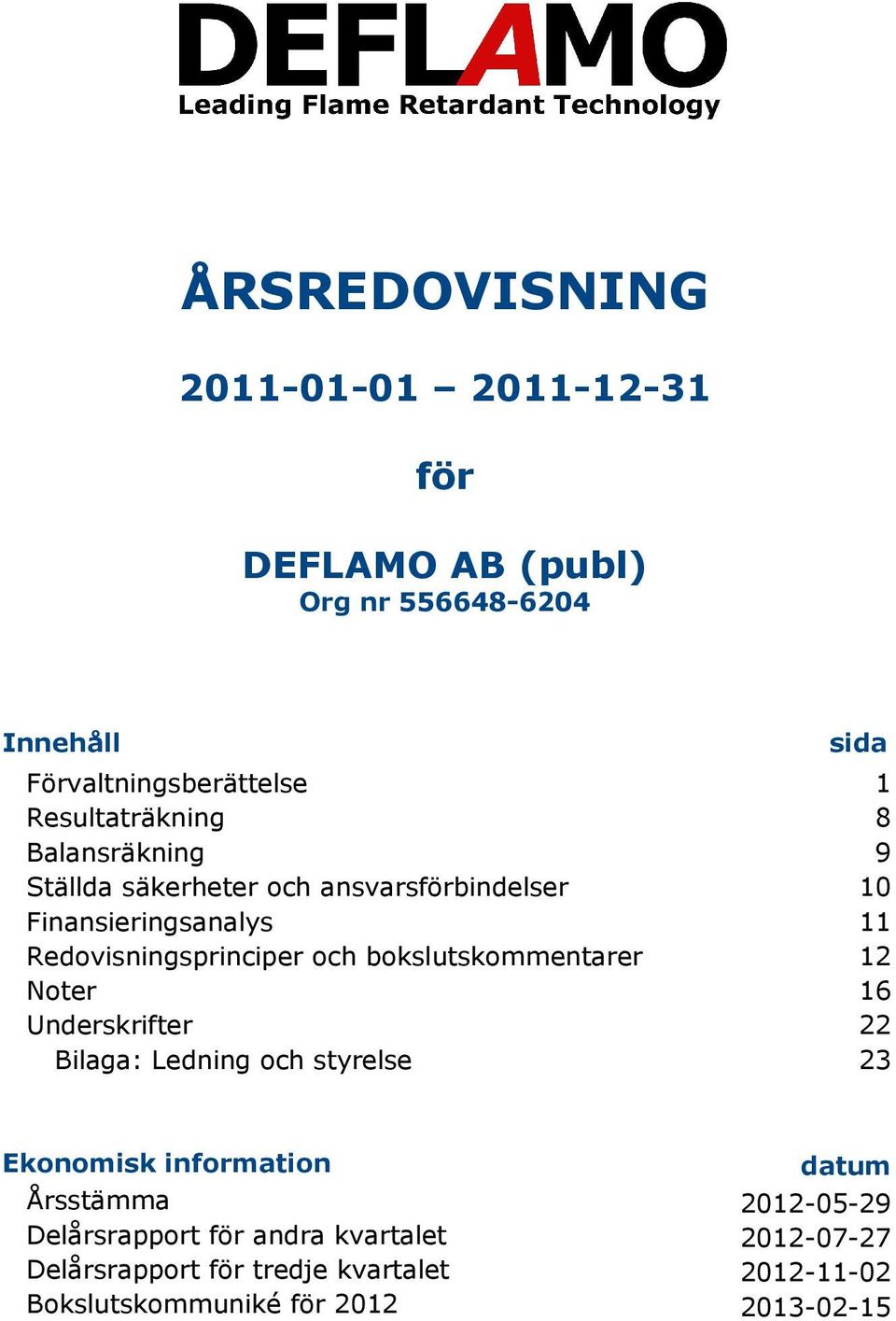 bokslutskommentarer 12 Noter 16 Underskrifter 22 Bilaga: Ledning och styrelse 23 Ekonomisk information datum Årsstämma