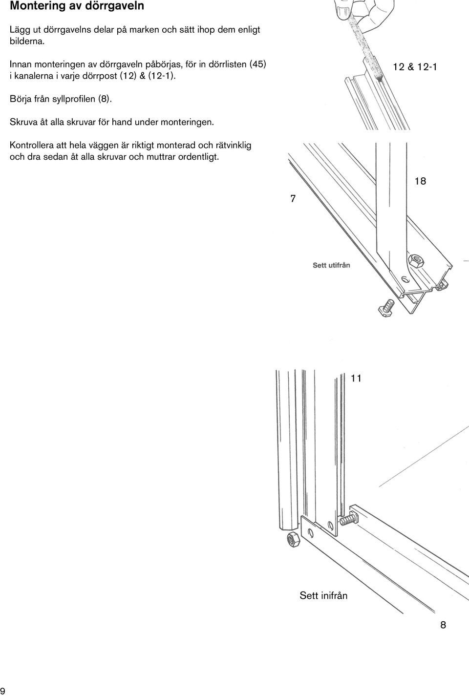 12 & 12-1 Börja från syllprofilen (8). Skruva åt alla skruvar för hand under monteringen.