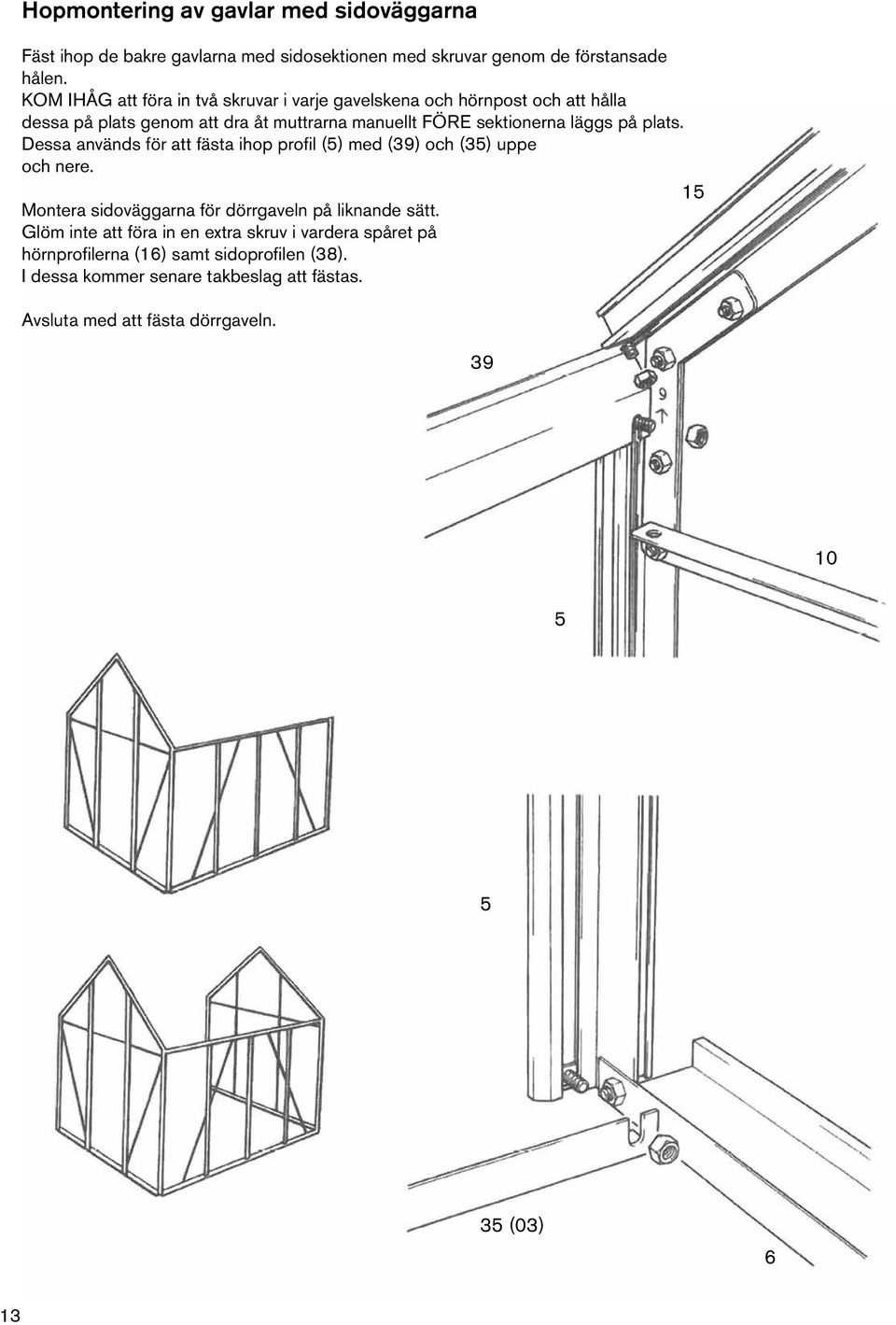 plats. Dessa används för att fästa ihop profil (5) med (39) och (35) uppe och nere. Montera sidoväggarna för dörrgaveln på liknande sätt.