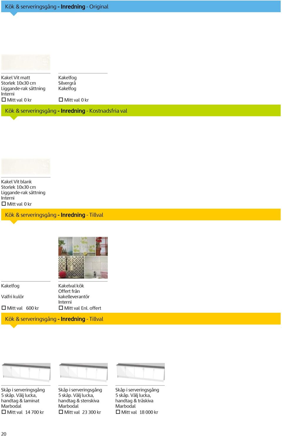 Kakelval kök Offert från kakelleverantör Interni Mitt val Enl. offert Kök & serveringsgång - Inredning - Tillval Skåp i serveringsgång 5 skåp.