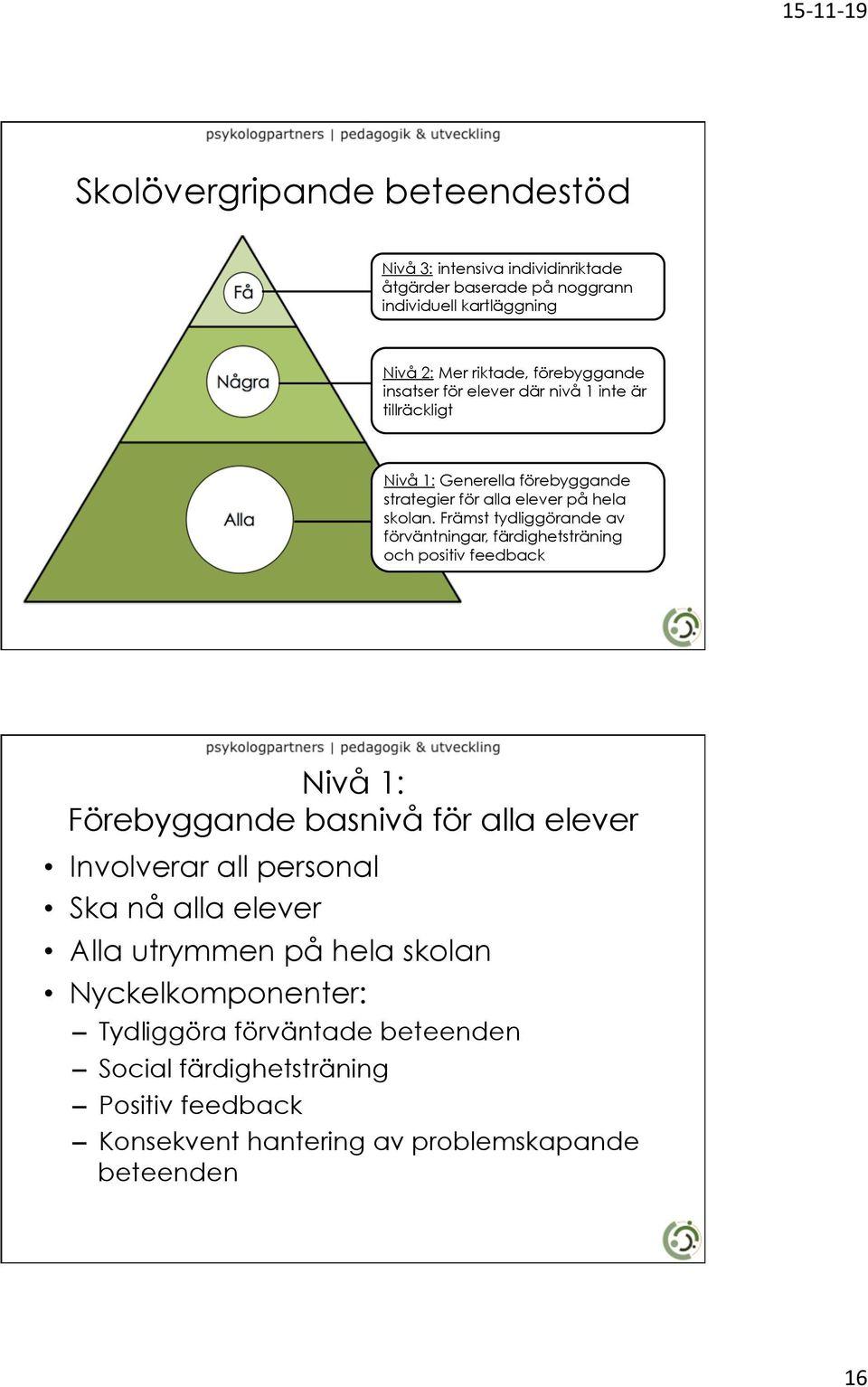 Främst tydliggörande av förväntningar, färdighetsträning och positiv feedback Nivå 1: Förebyggande basnivå för alla elever Involverar all personal Ska nå