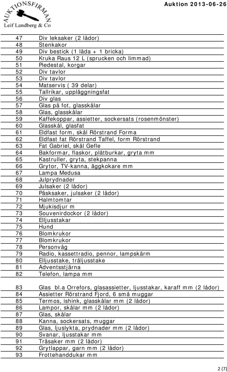 62 Eldfast fat Rörstrand Taffel, form Rörstrand 63 Fat Gabriel, skål Gefle 64 Bakformar, flaskor, plåtburkar, gryta mm 65 Kastruller, gryta, stekpanna 66 Grytor, TV-kanna, äggkokare mm 67 Lampa