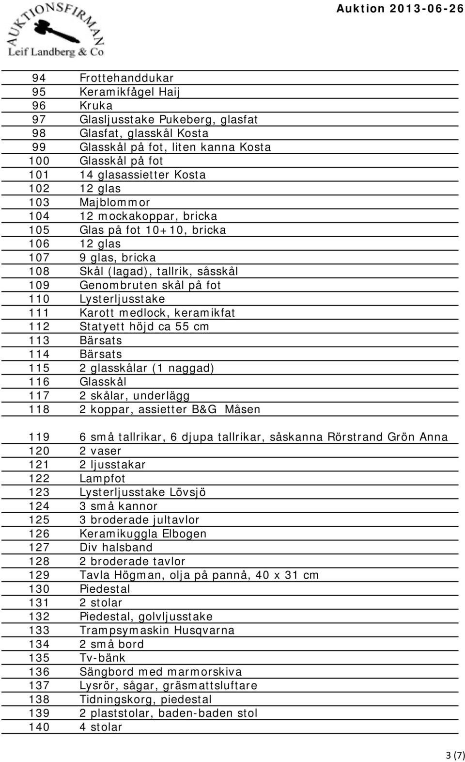 Karott medlock, keramikfat 112 Statyett höjd ca 55 cm 113 Bärsats 114 Bärsats 115 2 glasskålar (1 naggad) 116 Glasskål 117 2 skålar, underlägg 118 2 koppar, assietter B&G Måsen 119 6 små tallrikar, 6