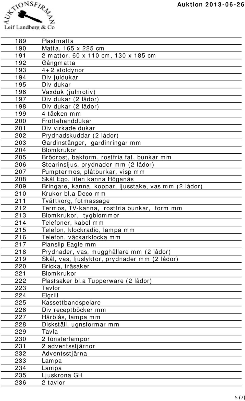 206 Stearinsljus, prydnader mm (2 lådor) 207 Pumptermos, plåtburkar, visp mm 208 Skål Ego, liten kanna Höganäs 209 Bringare, kanna, koppar, ljusstake, vas mm (2 lådor) 210 Krukor bl.