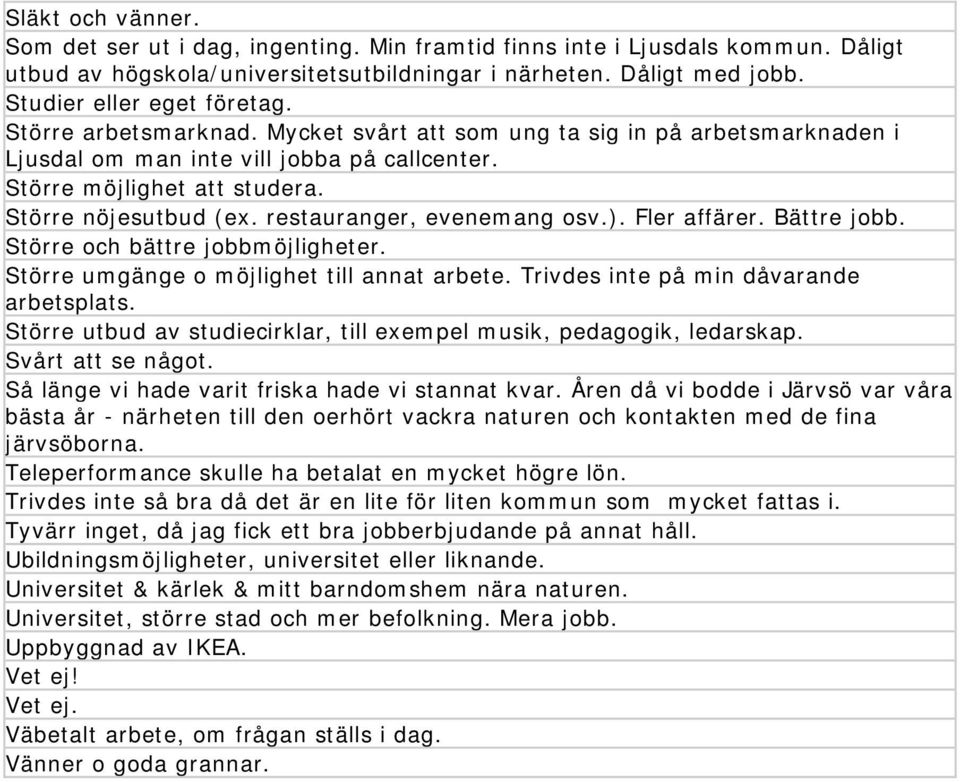 restauranger, evenemang osv.). Fler affärer. Bättre jobb. Större och bättre jobbmöjligheter. Större umgänge o möjlighet till annat arbete. Trivdes inte på min dåvarande arbetsplats.