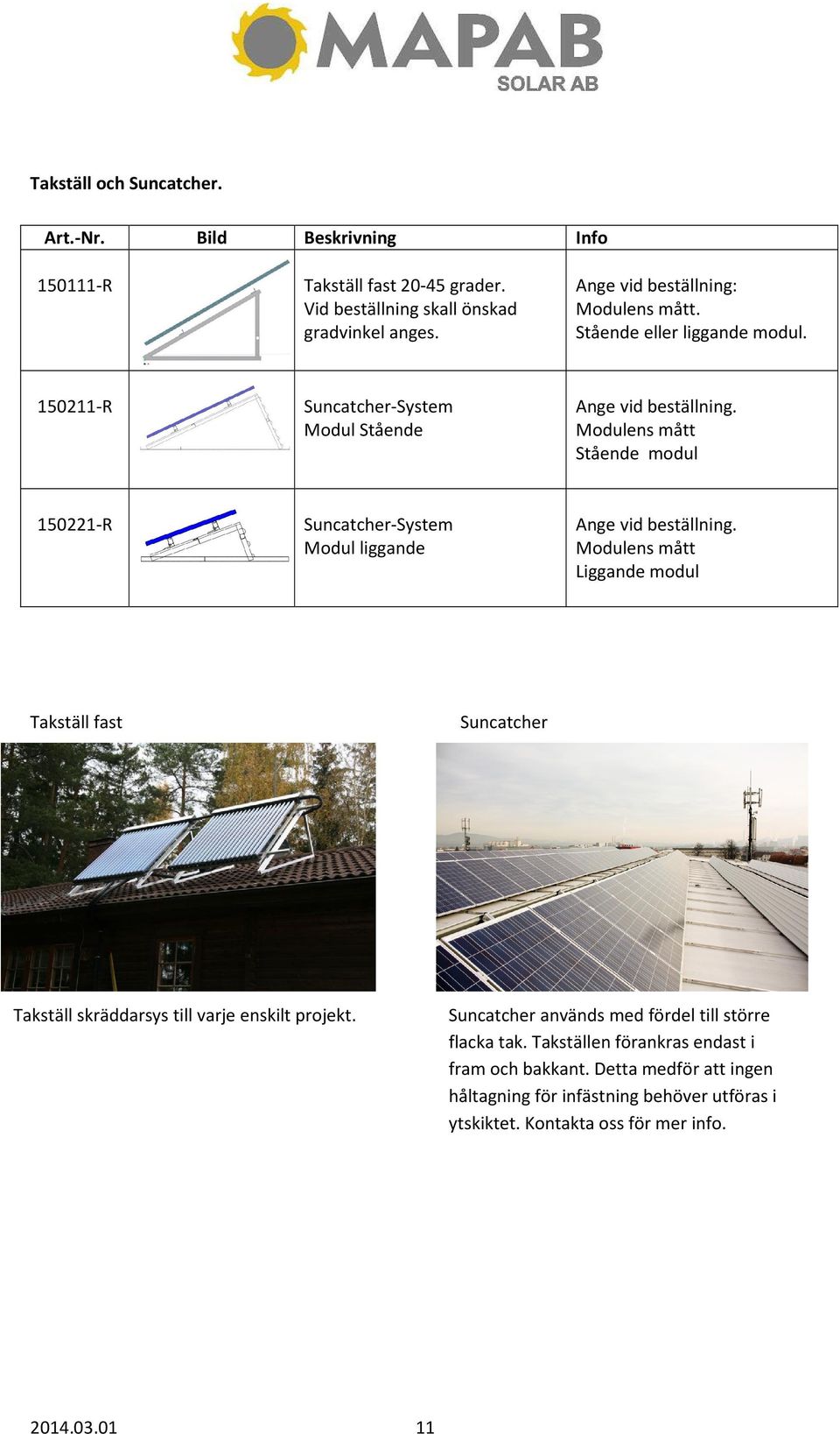 Modulens mått Stående modul 150221-R Suncatcher-System Modul liggande Ange vid beställning.