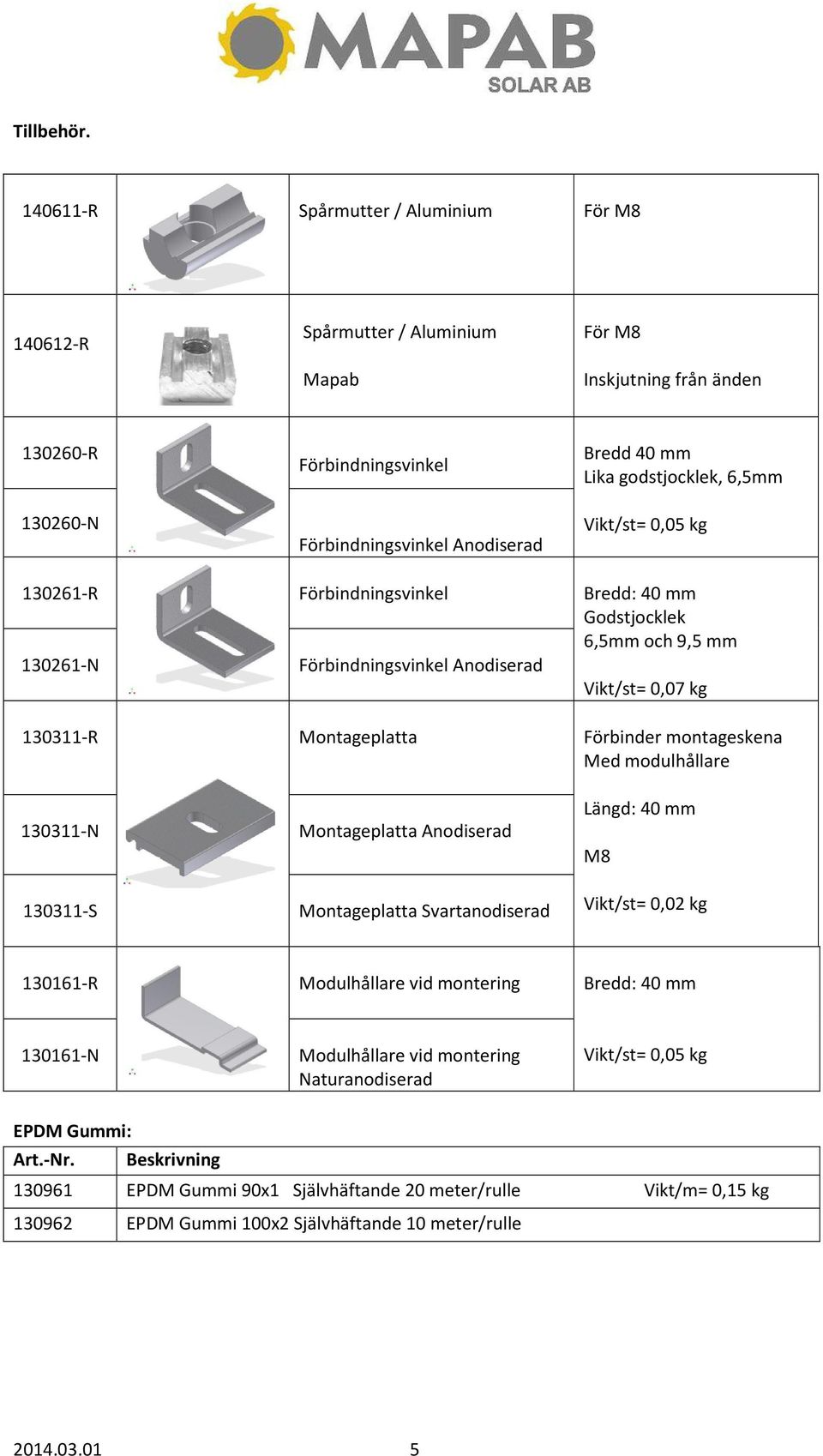 godstjocklek, 6,5mm Vikt/st= 0,05 kg 130261-R 130261-N Förbindningsvinkel Förbindningsvinkel Anodiserad Bredd: 40 mm Godstjocklek 6,5mm och 9,5 mm Vikt/st= 0,07 kg 130311-R Montageplatta Förbinder