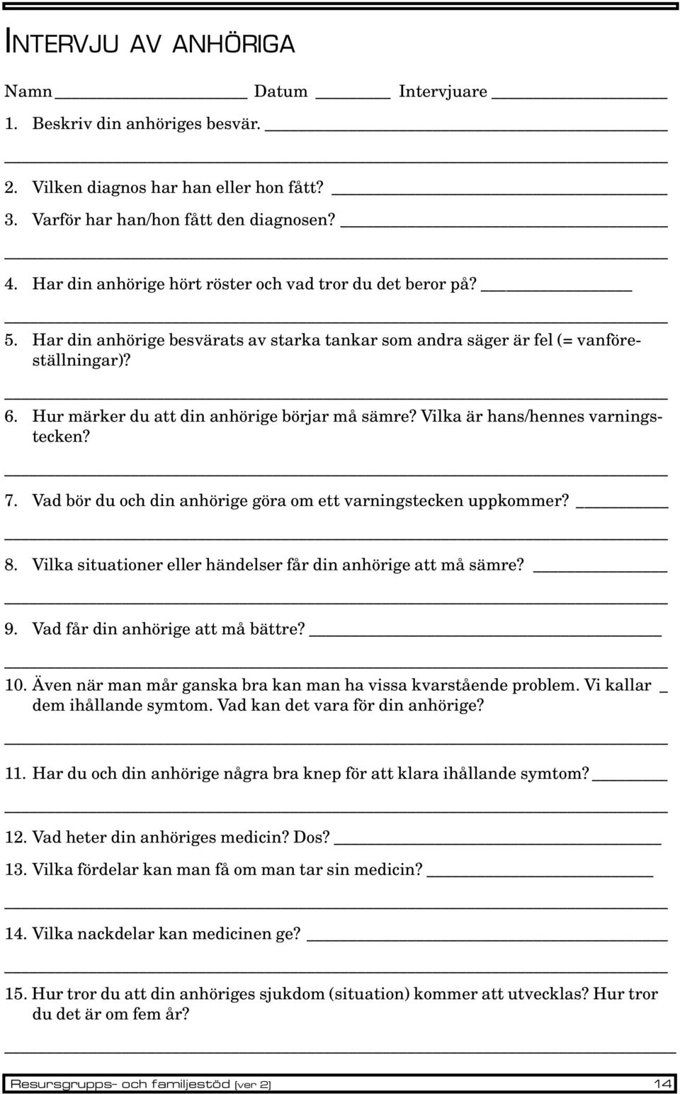 Hur märker du att din anhörige börjar må sämre? Vilka är hans/hennes varningstecken? 7. Vad bör du och din anhörige göra om ett varningstecken uppkommer? 8.