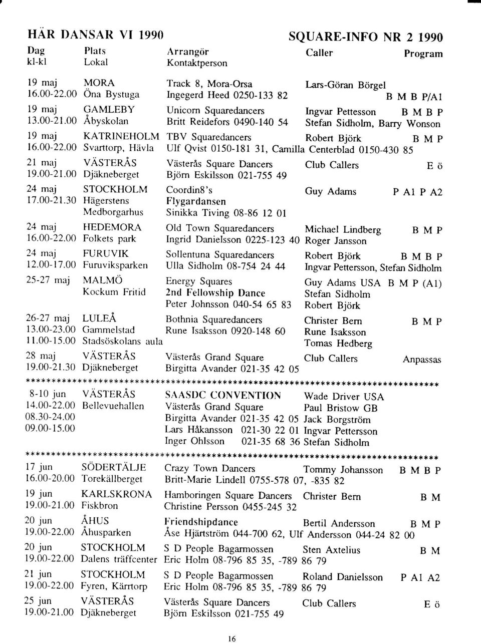 00 Abyskolan Britt Reidefors 0490-140 54 Stifan Sidholrn, Barry Wonson 19 maj KATRINEHOLM TBV Squaredancers Robert Bi<irk B M p 16.00-22.