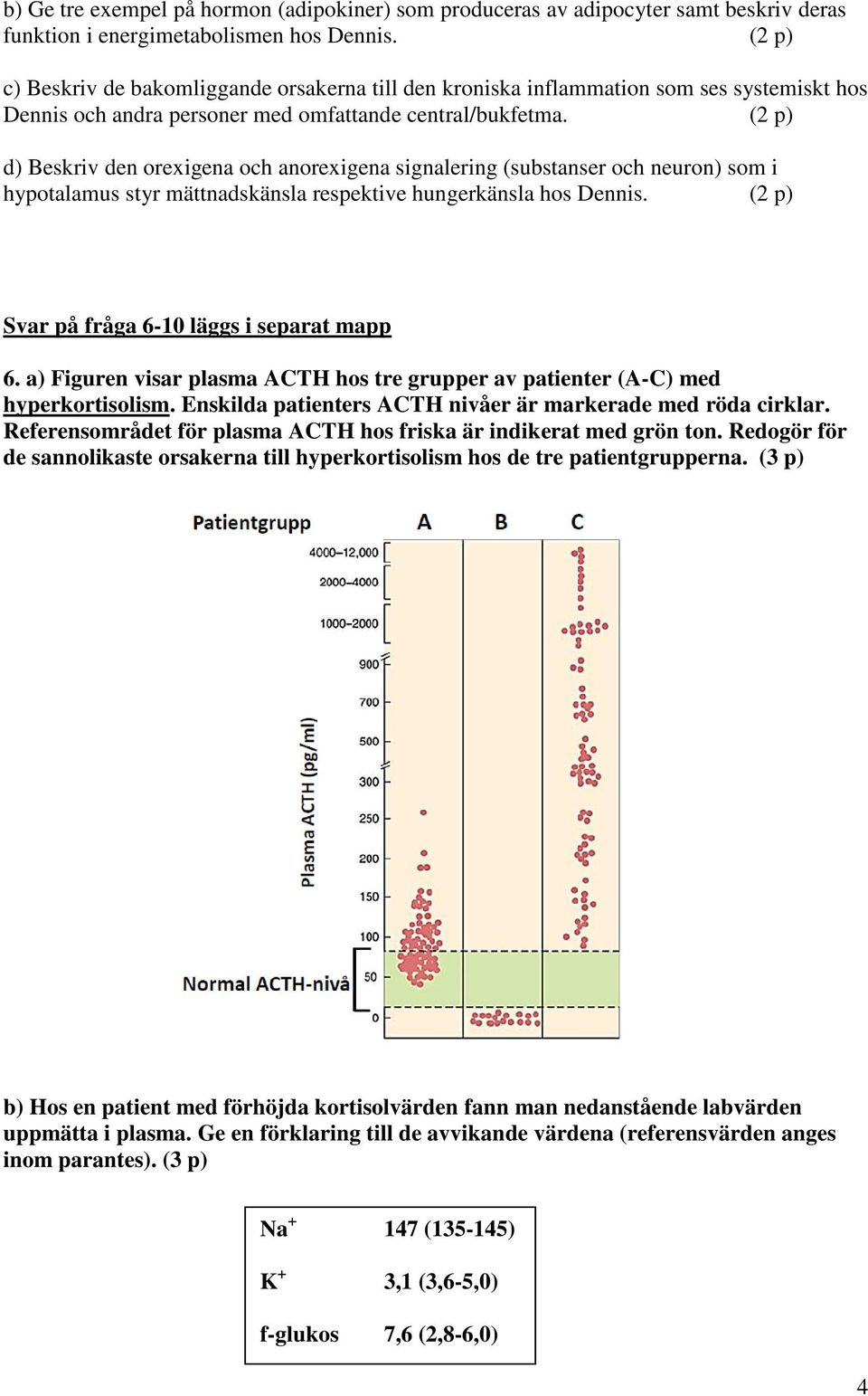 (2 p) d) Beskriv den orexigena och anorexigena signalering (substanser och neuron) som i hypotalamus styr mättnadskänsla respektive hungerkänsla hos Dennis.