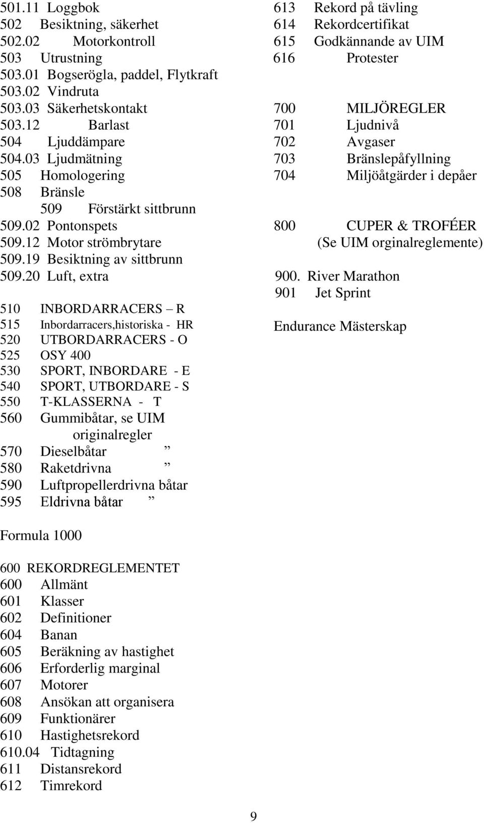 20 Luft, extra 510 INBORDARRACERS R 515 Inbordarracers,historiska - HR 520 UTBORDARRACERS - O 525 OSY 400 530 SPORT, INBORDARE - E 540 SPORT, UTBORDARE - S 550 T-KLASSERNA - T 560 Gummibåtar, se UIM