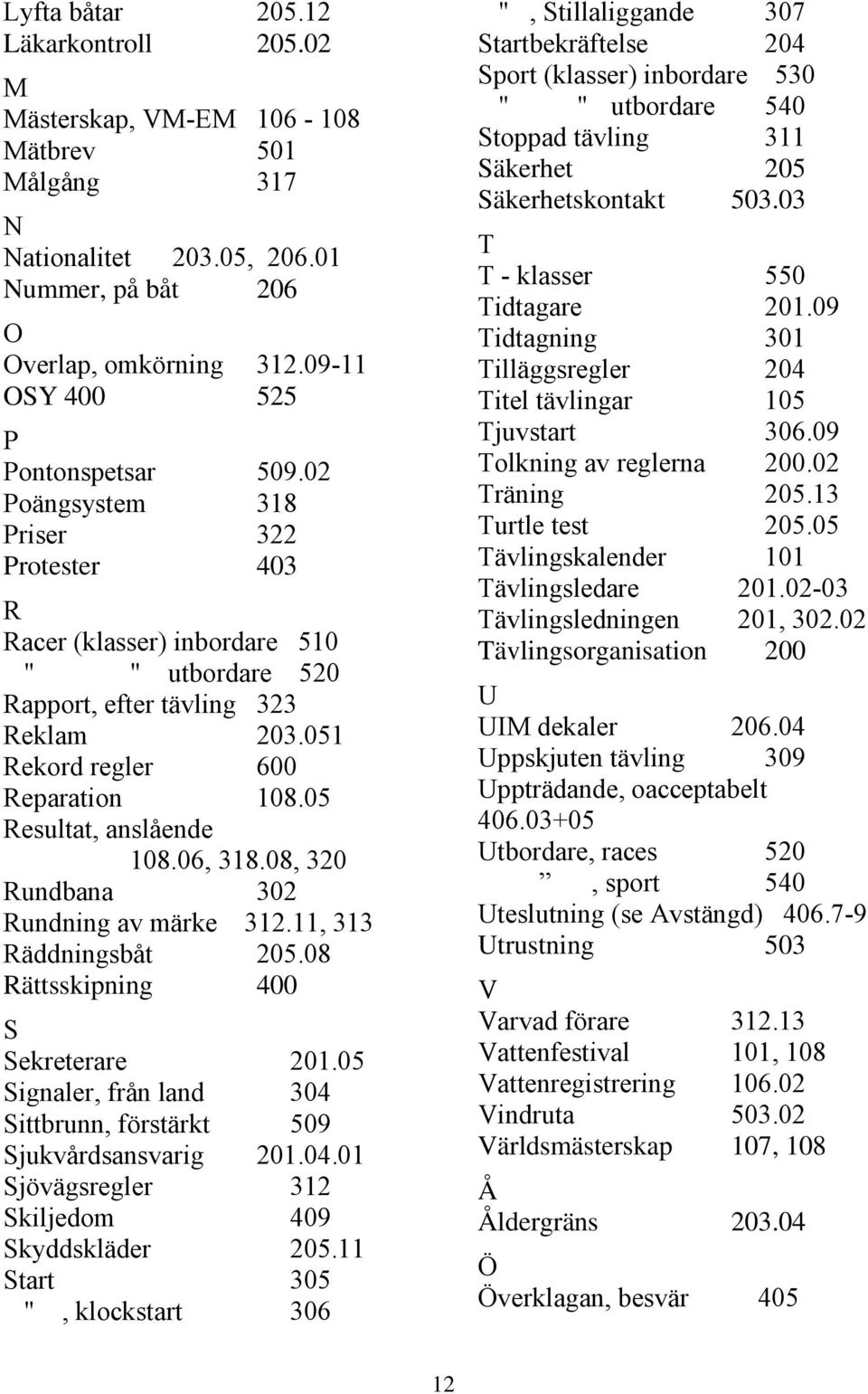 051 Rekord regler 600 Reparation 108.05 Resultat, anslående 108.06, 318.08, 320 Rundbana 302 Rundning av märke 312.11, 313 Räddningsbåt 205.08 Rättsskipning 400 S Sekreterare 201.