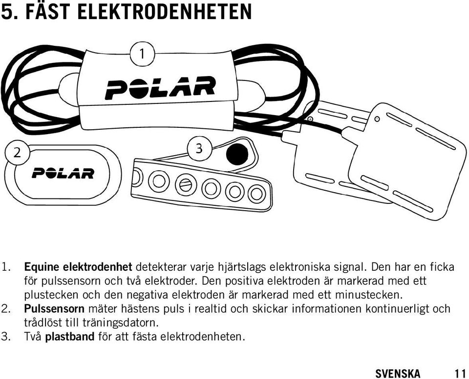 Den positiva elektroden är markerad med ett plustecken och den negativa elektroden är markerad med ett