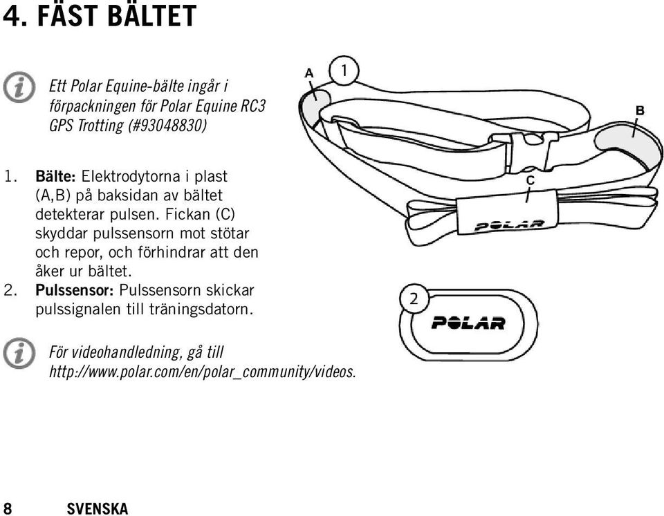 Fickan (C) skyddar pulssensorn mot stötar och repor, och förhindrar att den åker ur bältet.