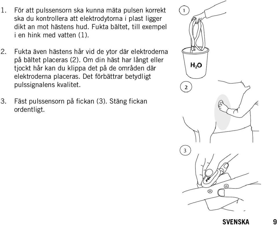 Fukta även hästens hår vid de ytor där elektroderna på bältet placeras (2).