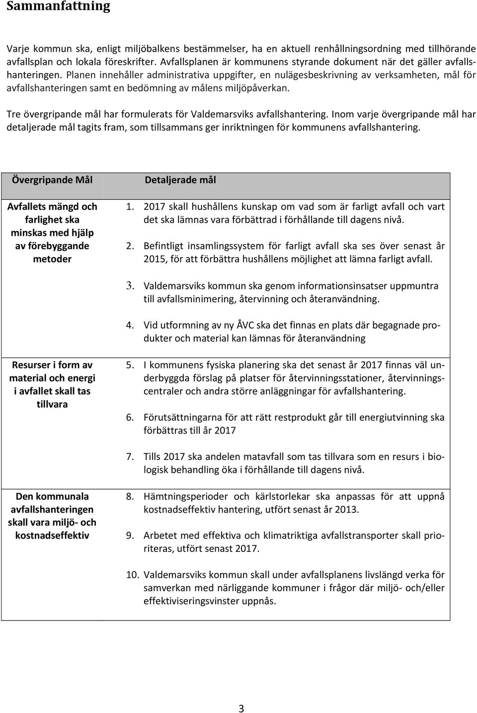 Planen innehåller administrativa uppgifter, en nulägesbeskrivning av verksamheten, mål för avfallshanteringen samt en bedömning av målens miljöpåverkan.