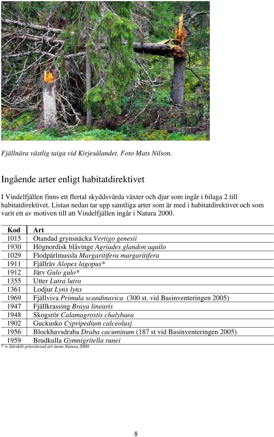 Listan nedan tar upp samtliga arter som är med i habitatdirektivet och som varit ett av motiven till att Vindelfjällen ingår i Natura 2000.