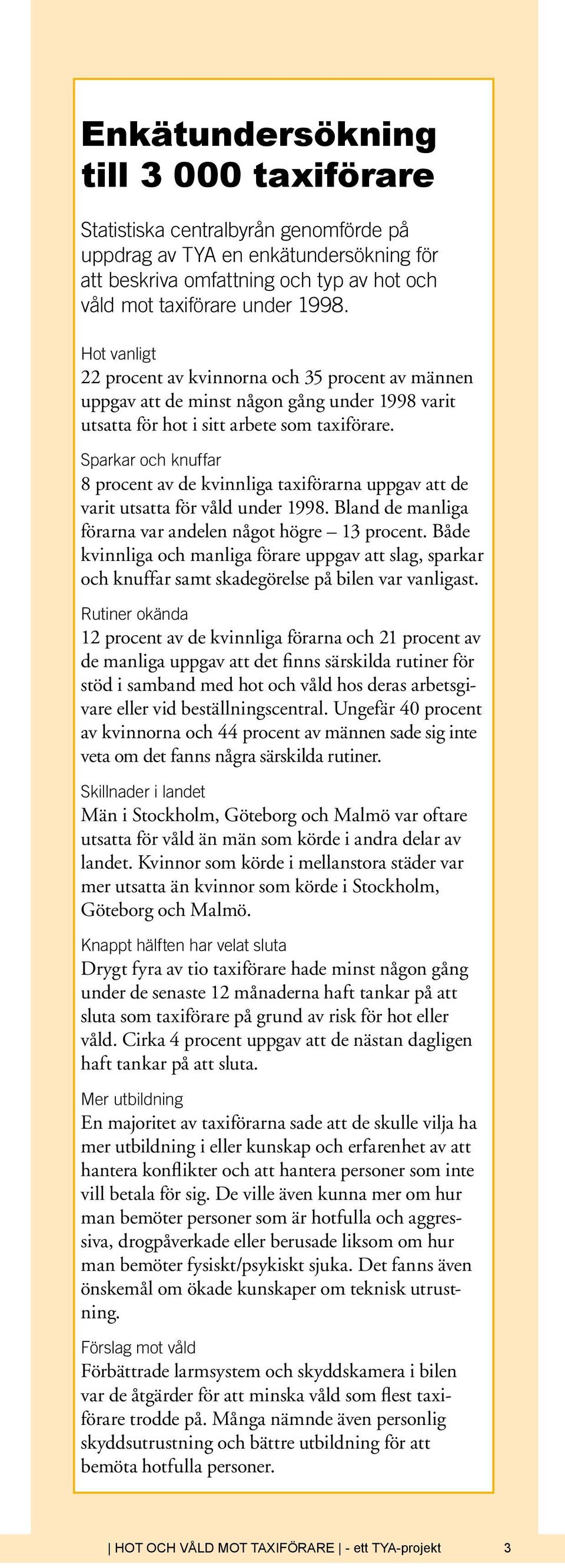 Sparkar och knuffar 8 procent av de kvinnliga taxiförarna uppgav att de varit utsatta för våld under 1998. Bland de manliga förarna var andelen något högre 13 procent.