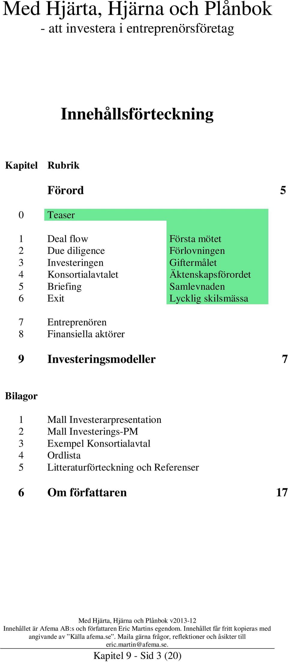 Entreprenören 8 Finansiella aktörer 9 Investeringsmodeller 7 Bilagor 1 Mall Investerarpresentation 2 Mall