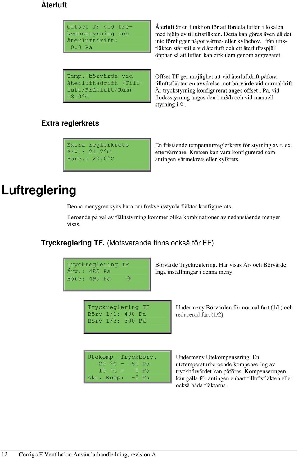 -börvärde vid återluftsdrift (Tillluft/Frånluft/Rum) 18.0 C Offset TF ger möjlighet att vid återluftdrift påföra tilluftsfläkten en avvikelse mot börvärde vid normaldrift.