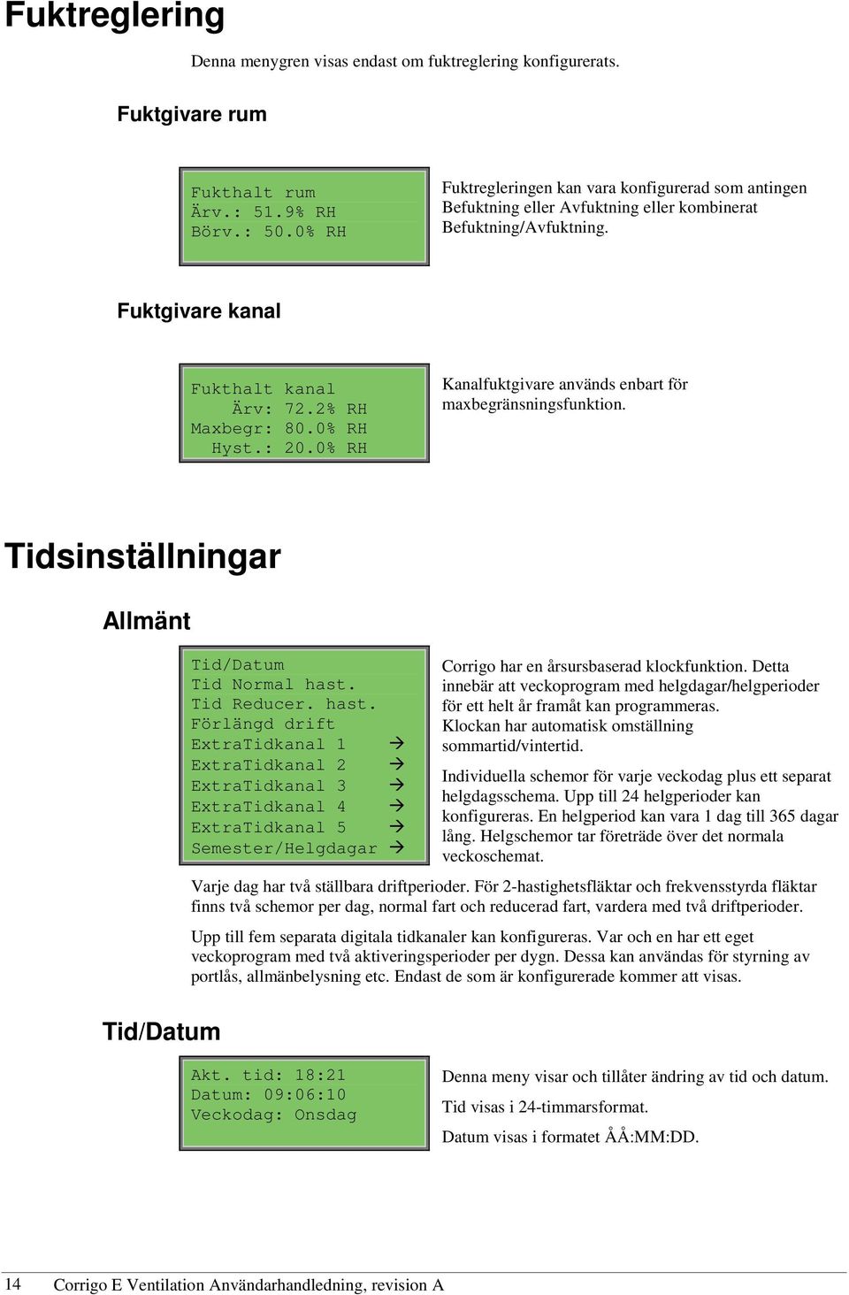 0% RH Kanalfuktgivare används enbart för maxbegränsningsfunktion. Tidsinställningar Allmänt Tid/Datum Tid/Datum Tid Normal hast.