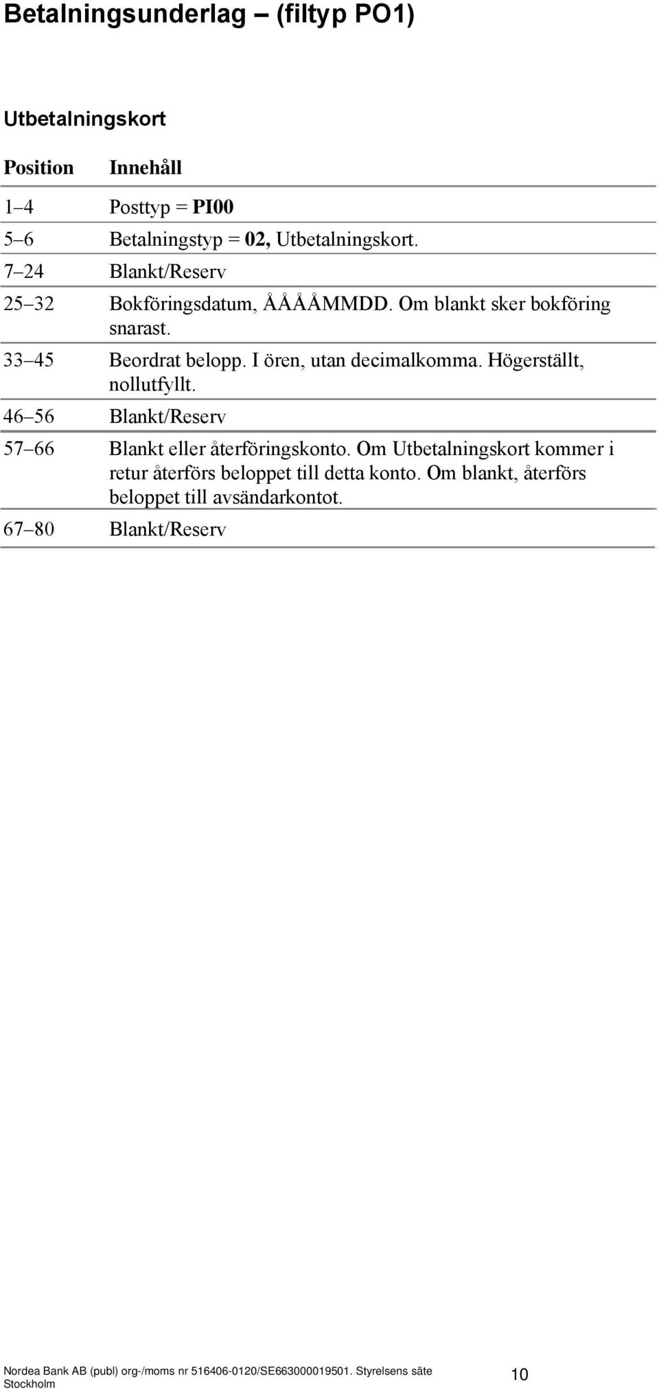 I ören, utan decimalkomma. Högerställt, nollutfyllt. 46 56 Blankt/Reserv 57 66 Blankt eller återföringskonto.