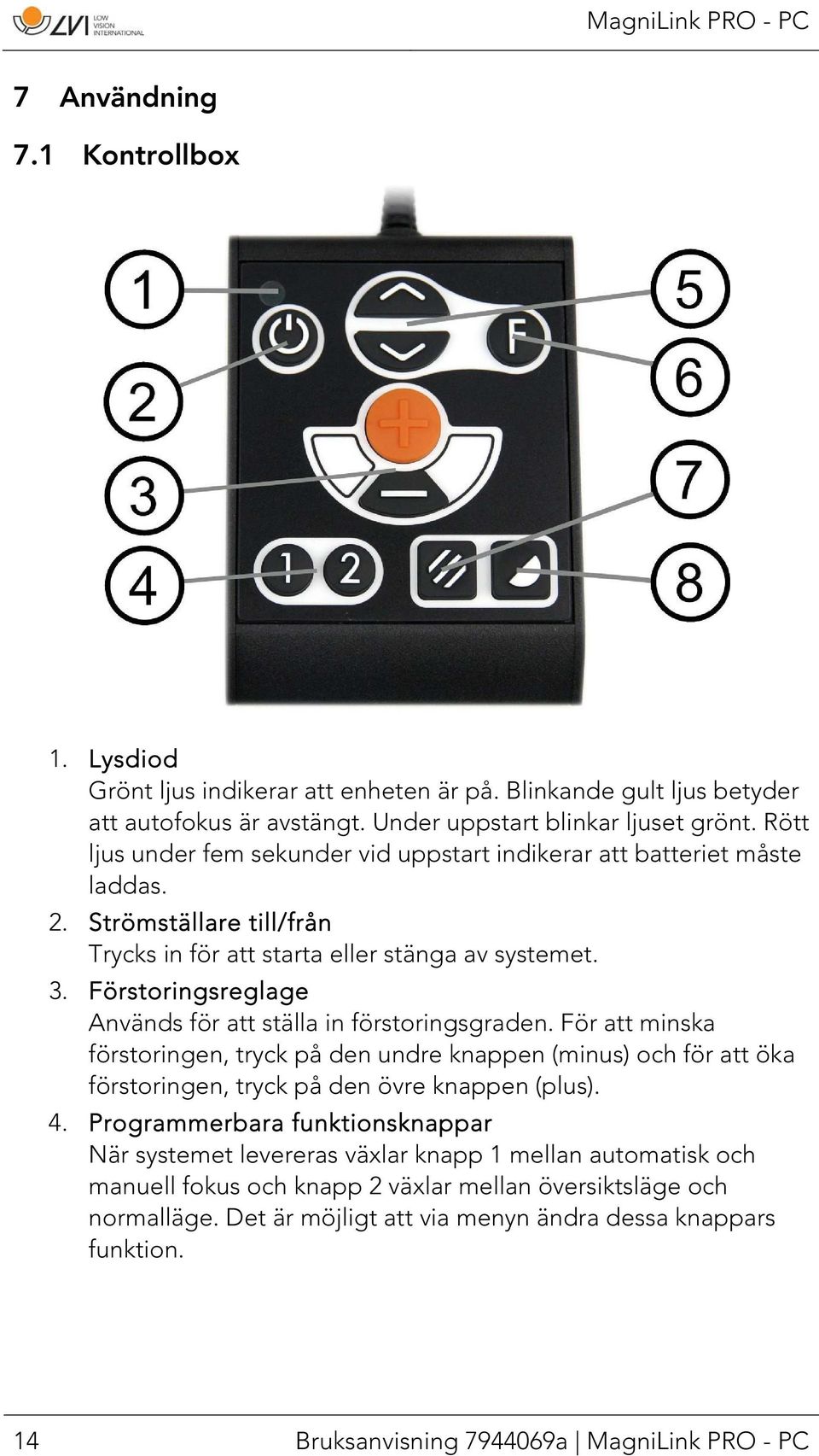 Förstoringsreglage Används för att ställa in förstoringsgraden. För att minska förstoringen, tryck på den undre knappen (minus) och för att öka förstoringen, tryck på den övre knappen (plus). 4.