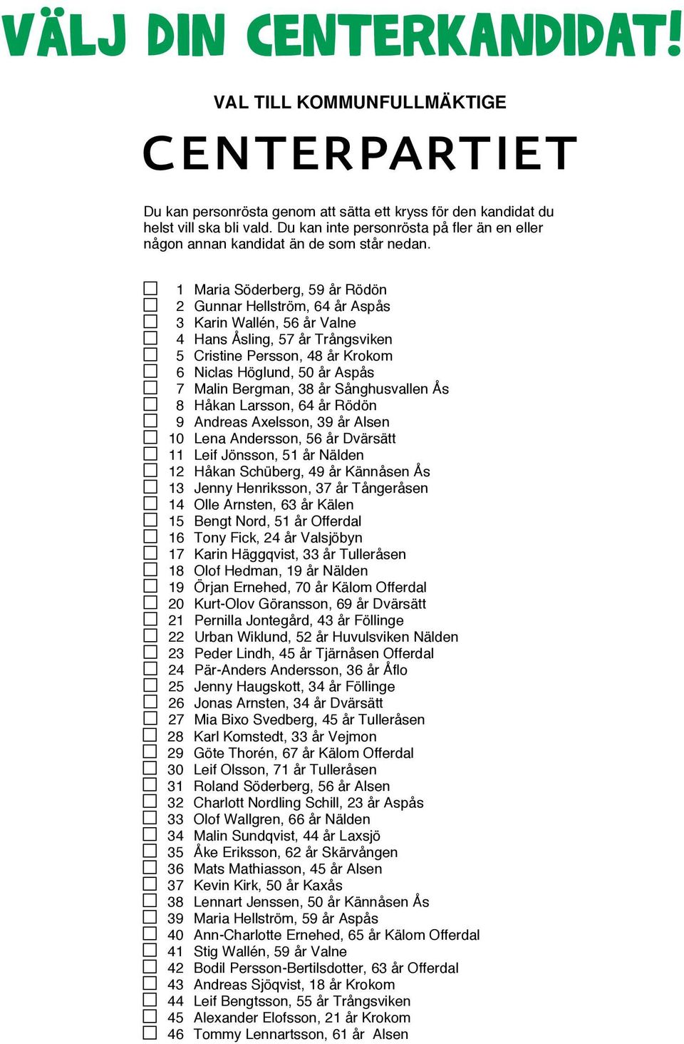 1 Maria Söderberg, 59 år Rödön 2 Gunnar Hellström, 64 år Aspås 3 Karin Wallén, 56 år Valne 4 Hans Åsling, 57 år Trångsviken 5 Cristine Persson, 48 år Krokom 6 Niclas Höglund, 50 år Aspås 7 Malin