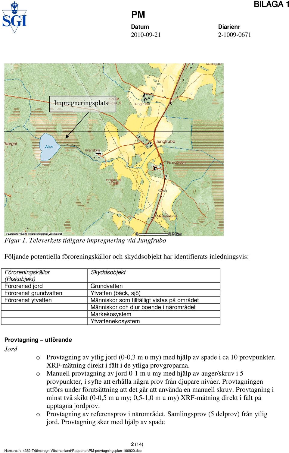 grundvatten Förorenat ytvatten Skyddsobjekt Ytvatten (bäck, sjö) Människor som tillfälligt vistas på området Människor och djur boende i närområdet Markekosystem Ytvattenekosystem Provtagning