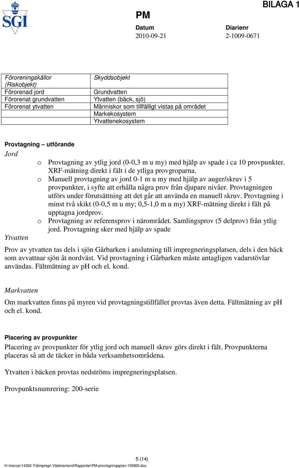 o Manuell provtagning av jord 0-1 m u my med hjälp av auger/skruv i 5 provpunkter, i syfte att erhålla några prov från djupare nivåer.