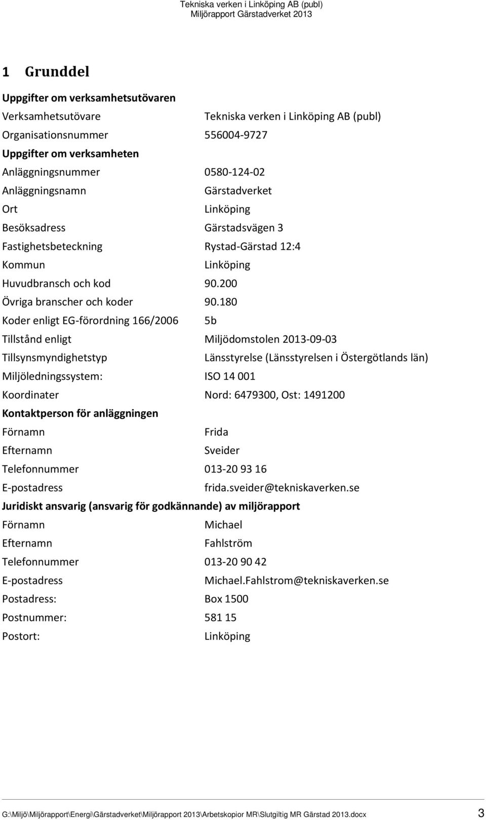 180 Koder enligt EG-förordning 166/2006 5b Tillstånd enligt Miljödomstolen 2013-09-03 Tillsynsmyndighetstyp Länsstyrelse (Länsstyrelsen i Östergötlands län) Miljöledningssystem: ISO 14 001