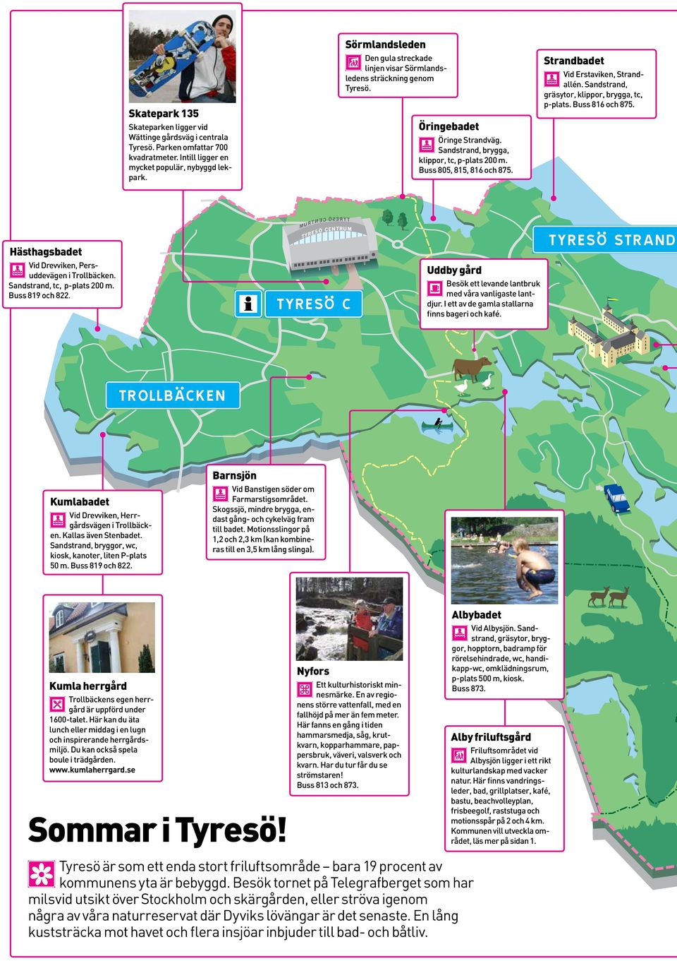 Strandbadet Vid Erstaviken, Strandallén. Sandstrand, gräsytor, klippor, brygga, tc, p-plats. Buss 816 och 875. Hästhagsbadet Vid Drevviken, Persudde vägen i Trollbäcken. Sandstrand, tc, p-plats 200 m.