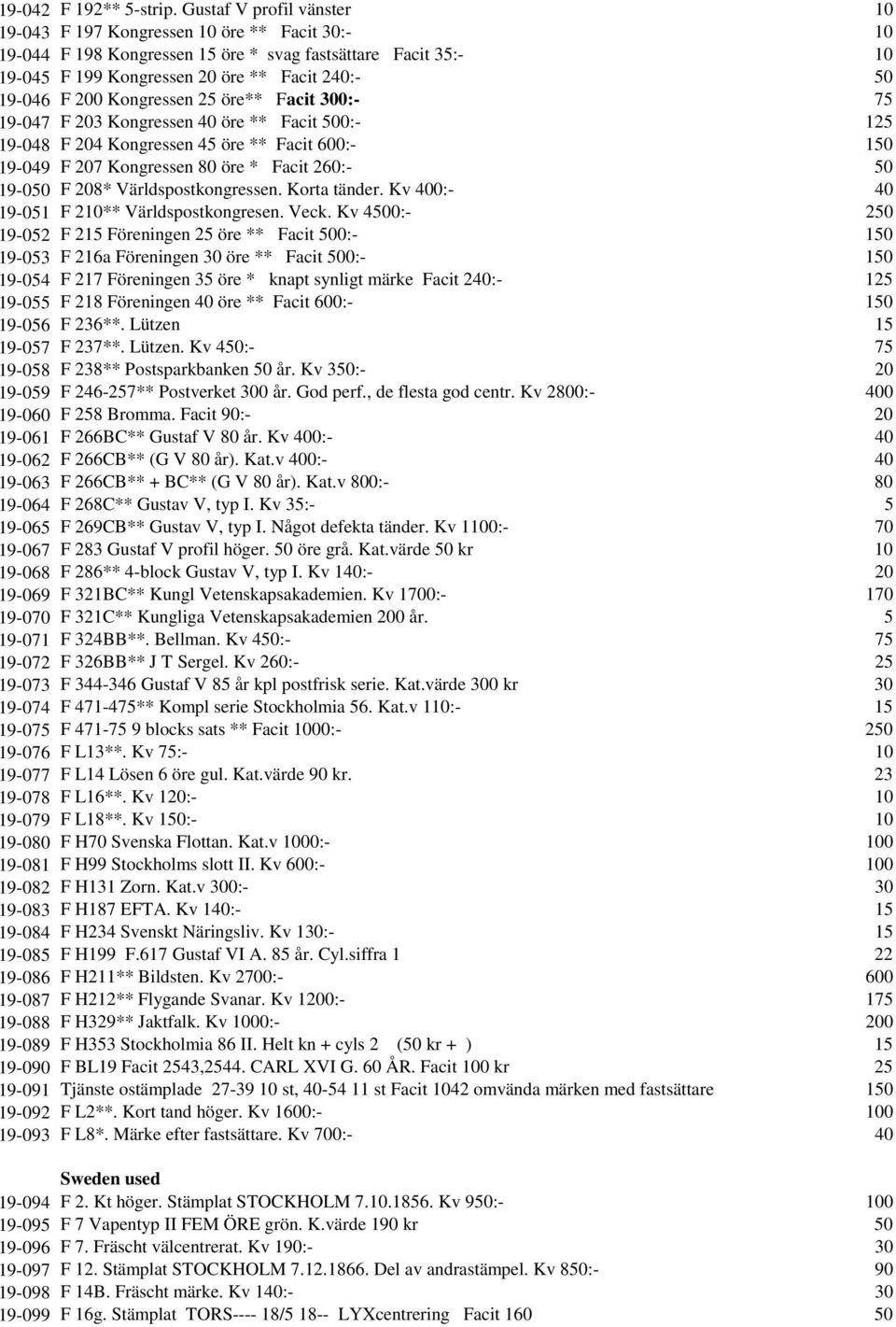 200 Kongressen 25 öre** Facit 300:- 75 19-047 F 203 Kongressen 40 öre ** Facit 500:- 125 19-048 F 204 Kongressen 45 öre ** Facit 600:- 150 19-049 F 207 Kongressen 80 öre * Facit 260:- 50 19-050 F