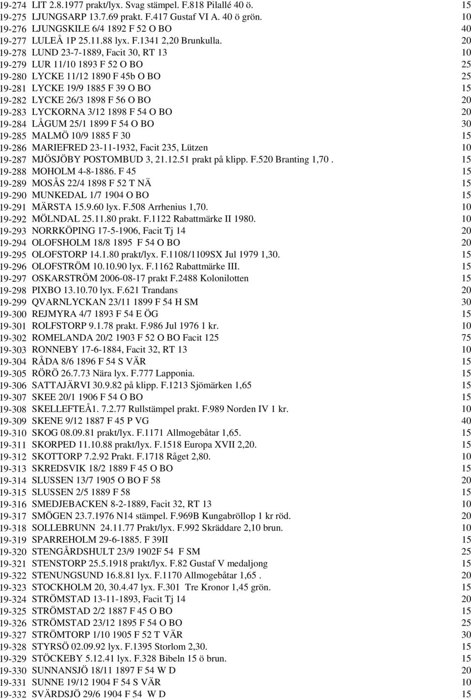 20 19-278 LUND 23-7-1889, Facit 30, RT 13 10 19-279 LUR 11/10 1893 F 52 O BO 25 19-280 LYCKE 11/12 1890 F 45b O BO 25 19-281 LYCKE 19/9 1885 F 39 O BO 15 19-282 LYCKE 26/3 1898 F 56 O BO 20 19-283