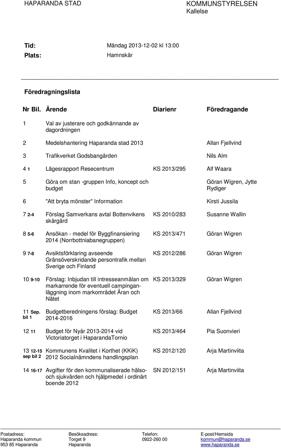 Resecentrum KS 2013/295 Alf Waara 5 Göra om stan -gruppen Info, koncept och budget Göran Wigren, Jytte Rydiger 6 "Att bryta mönster" Information Kirsti Jussila 7 2-4 Förslag Samverkans avtal