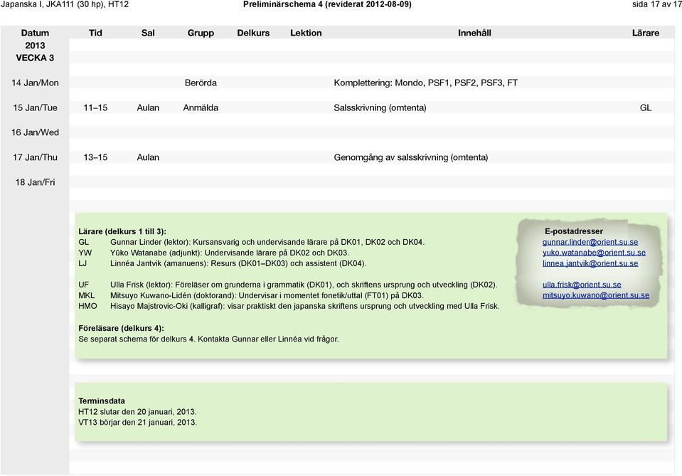 på DK01, DK02 och DK04. YW Yūko Watanabe (adjunkt): Undervisande lärare på DK02 och DK03. LJ Linnéa Jantvik (amanuens): Resurs (DK01 DK03) och assistent (DK04). E-postadresser gunnar.linder@orient.su.se yuko.