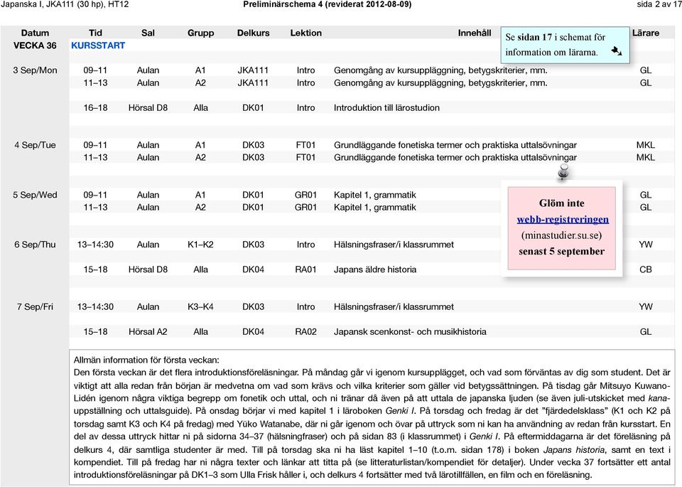 GL 16 18 Hörsal D8 Alla DK01 Intro Introduktion till lärostudion 4 Sep/Tue 09 11 Aulan A1 DK03 FT01 Grundläggande fonetiska termer och praktiska uttalsövningar MKL 11 13 Aulan A2 DK03 FT01