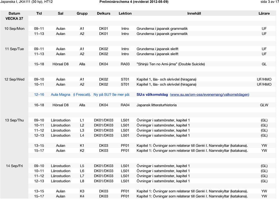 no Ami-jima (Double Suicide) GL 12 Sep/Wed 09 10 Aulan A1 DK02 ST01 Kapitel 1, läs- och skrivdel (hiragana) UF/HMO 10 11 Aulan A2 DK02 ST01 Kapitel 1, läs- och skrivdel (hiragana) UF/HMO 12 16 Aula