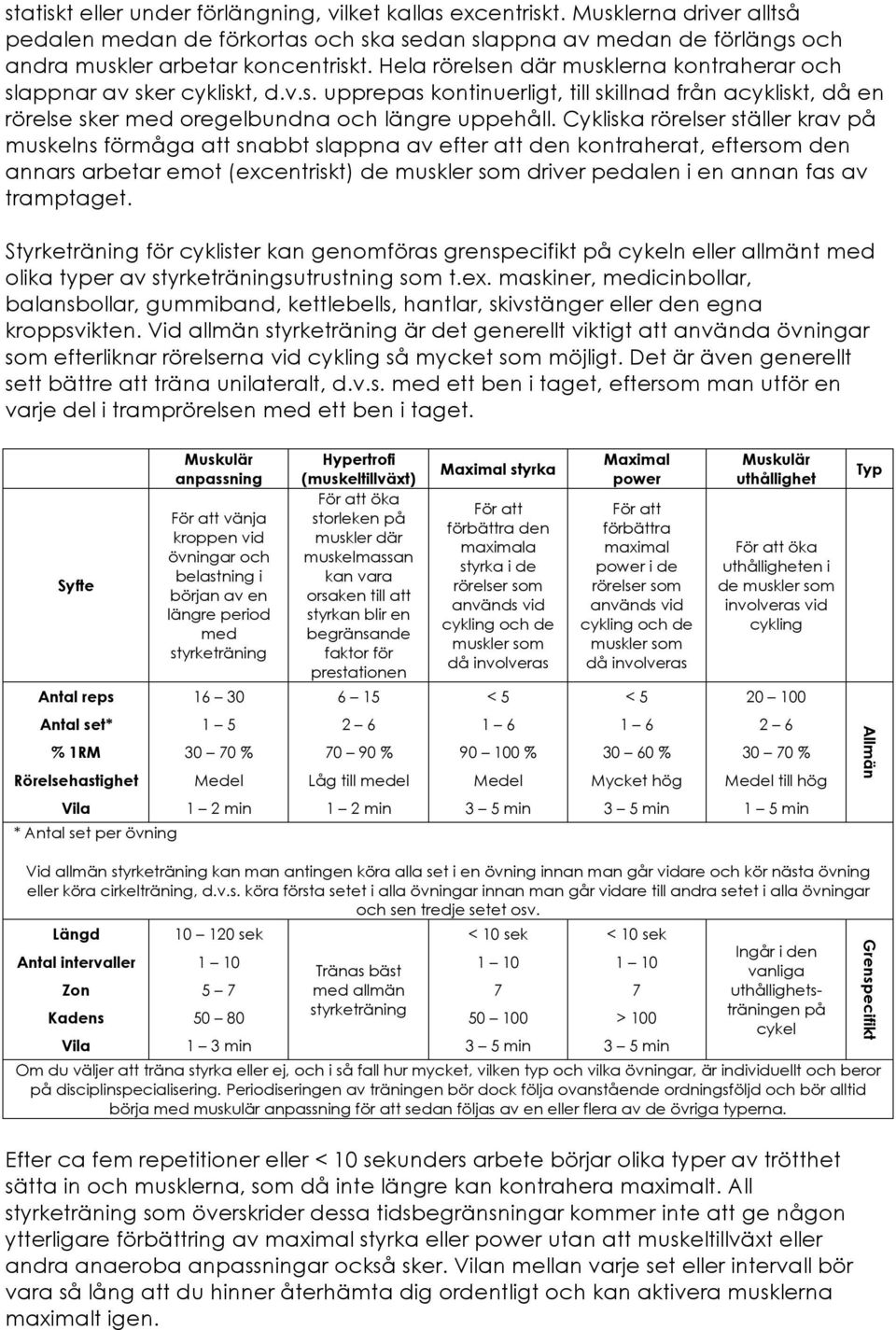 Cykliska rörelser ställer krav på muskelns förmåga att snabbt slappna av efter att den kontraherat, eftersom den annars arbetar emot (excentriskt) de muskler som driver pedalen i en annan fas av