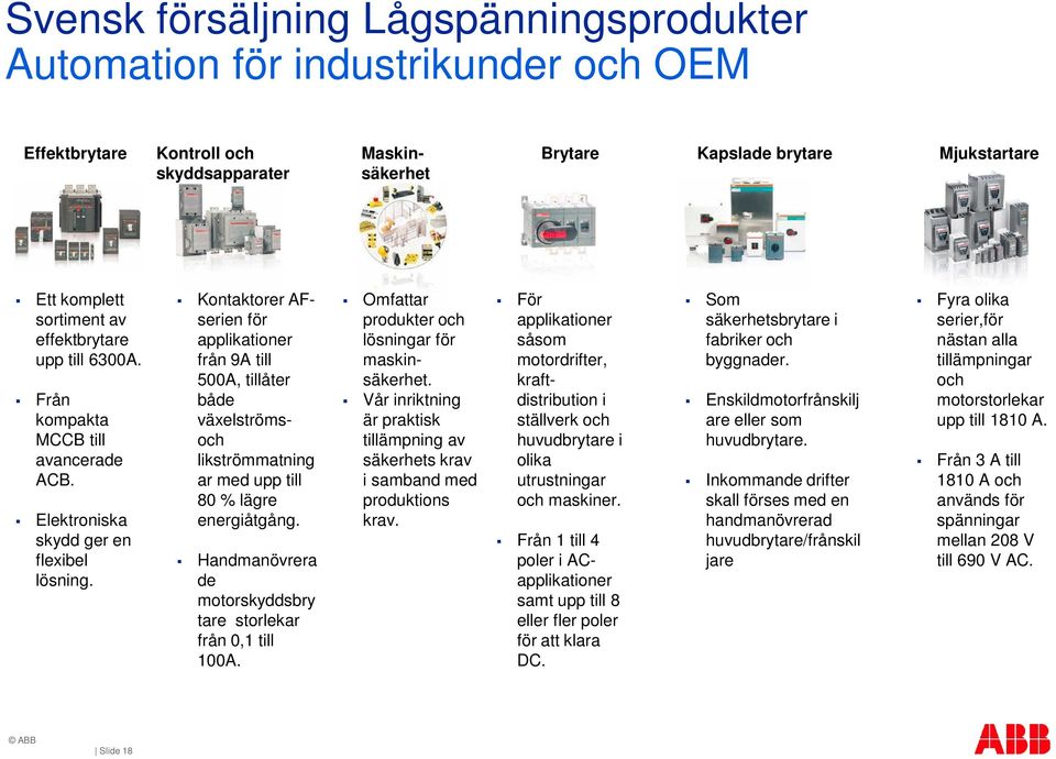 Kontaktorer AFserien för applikationer från 9A till 500A, tillåter både växelströmsoch likströmmatning ar med upp till 80 % lägre energiåtgång.